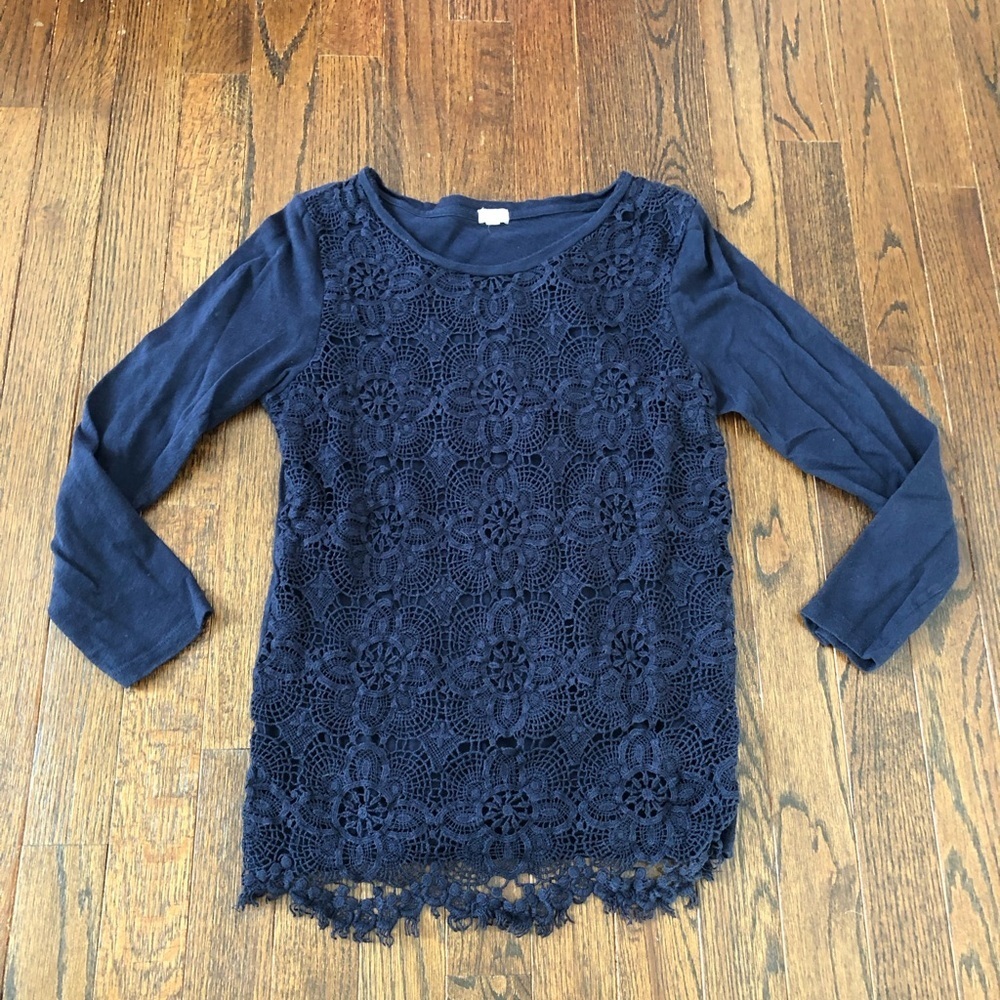 J. Crew Women’s S Navy Blue Floral Lace Front 3/4 Sleeved Cotton Crewneck Blouse - Picture 1 of 10